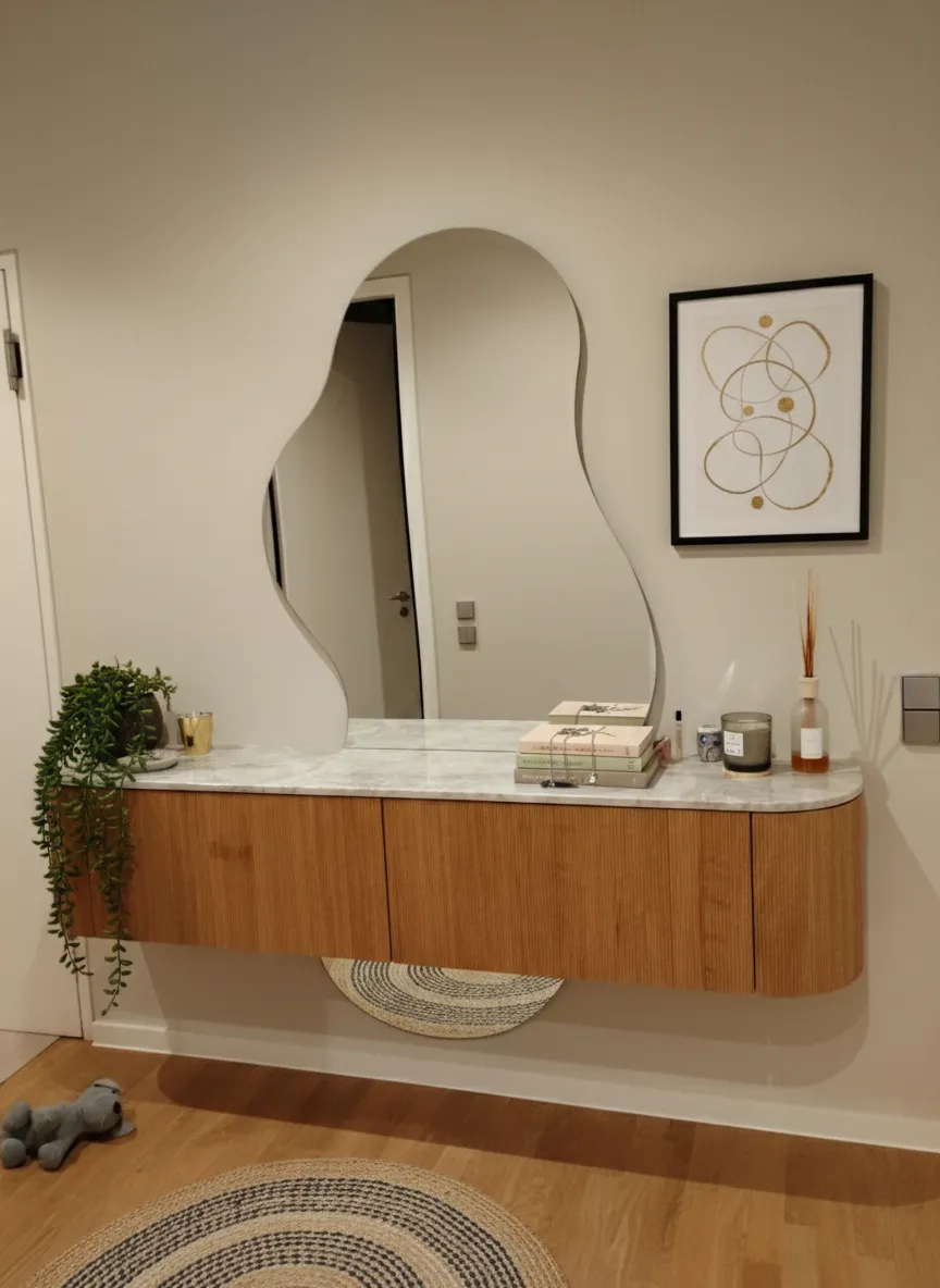 Flur-Sideboard mit organischem Spiegel und Marmorplatte